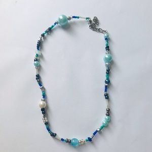 Handmade Blue Silver Gemstone Pearl Beads Necklace